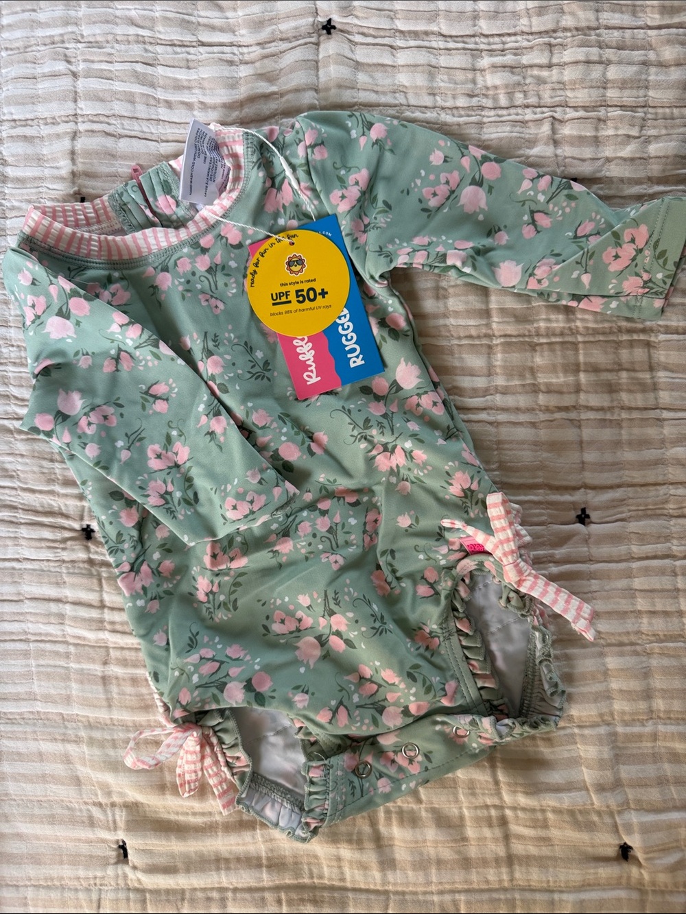 RuffleButts Floral UPF 50+ Long Sleeve Baby Swimsuit - Mint & Pink